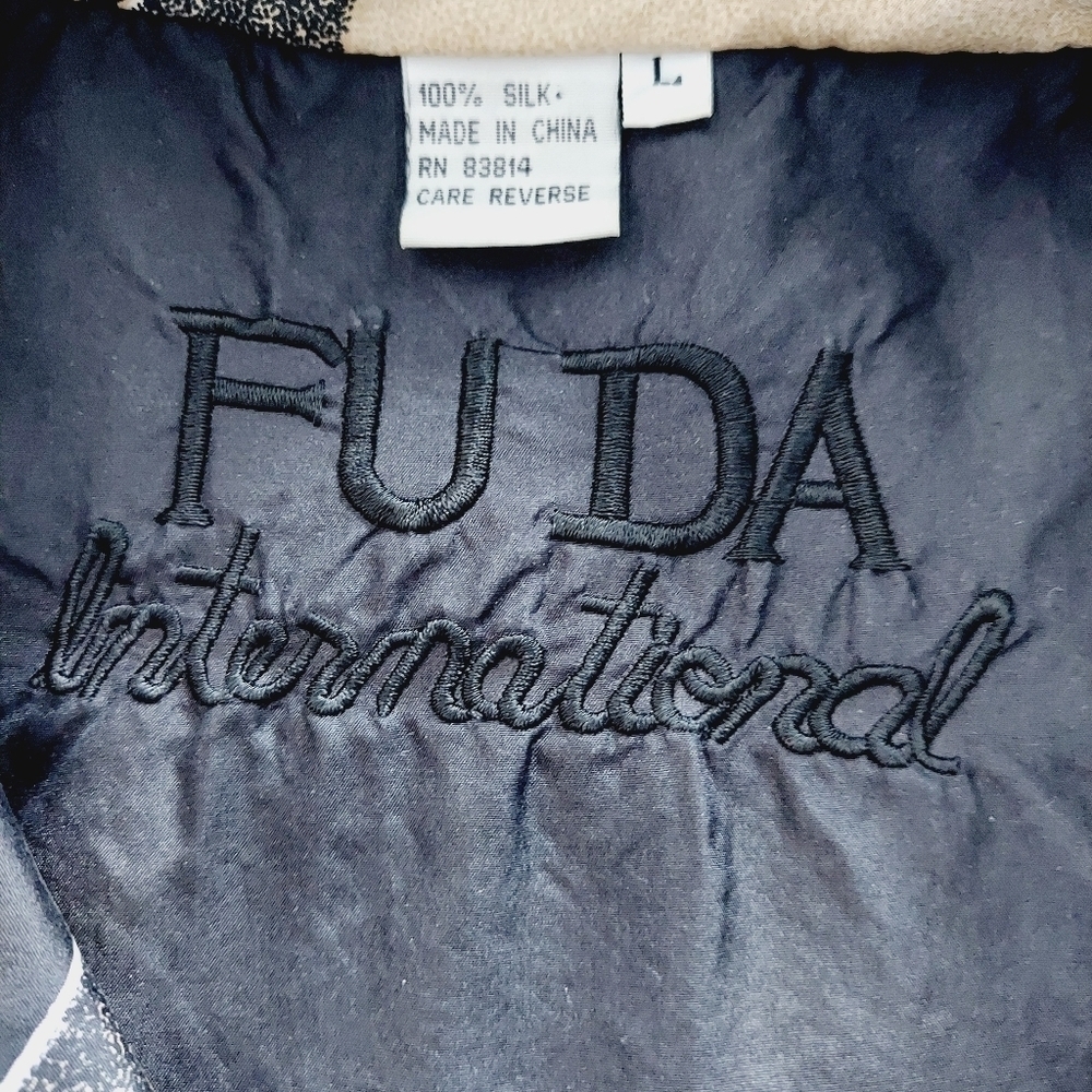 Vintage Fuda International Woman's Large Silk Bomber Jacket Geometric Black 90s - Picture 10 of 13